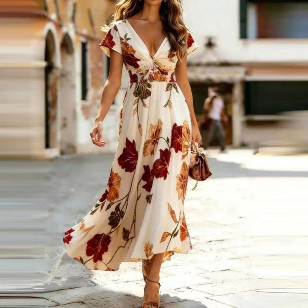 Zimmermann Floral V-Neck Maxi Dress in Cream with Red & Brown Blooms - Picture 1 of 4